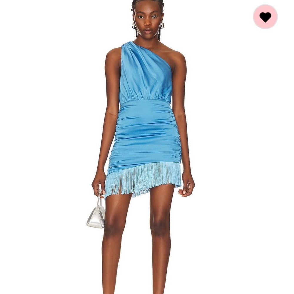 One-Shoulder Blue Dress fringe bottom